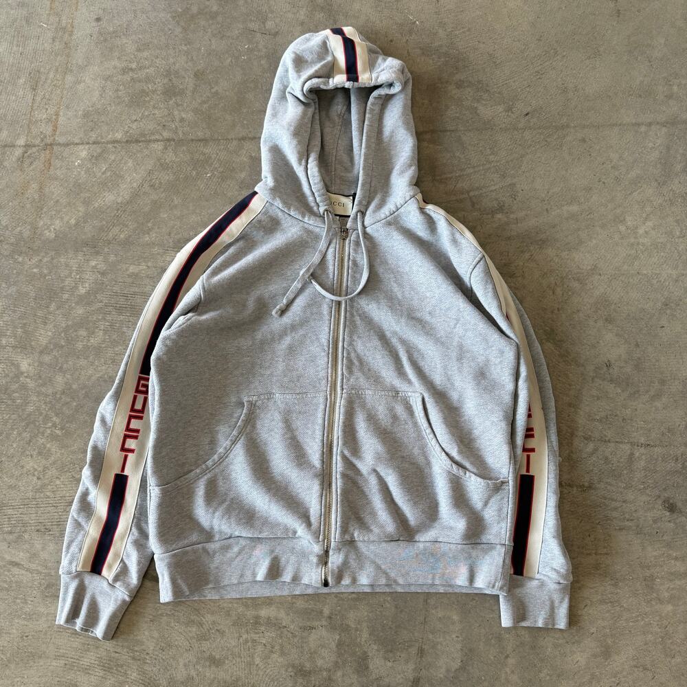 Gucci Mens Grey Cotton Web Stripe Logo Zip Up Hoodie Size Medium